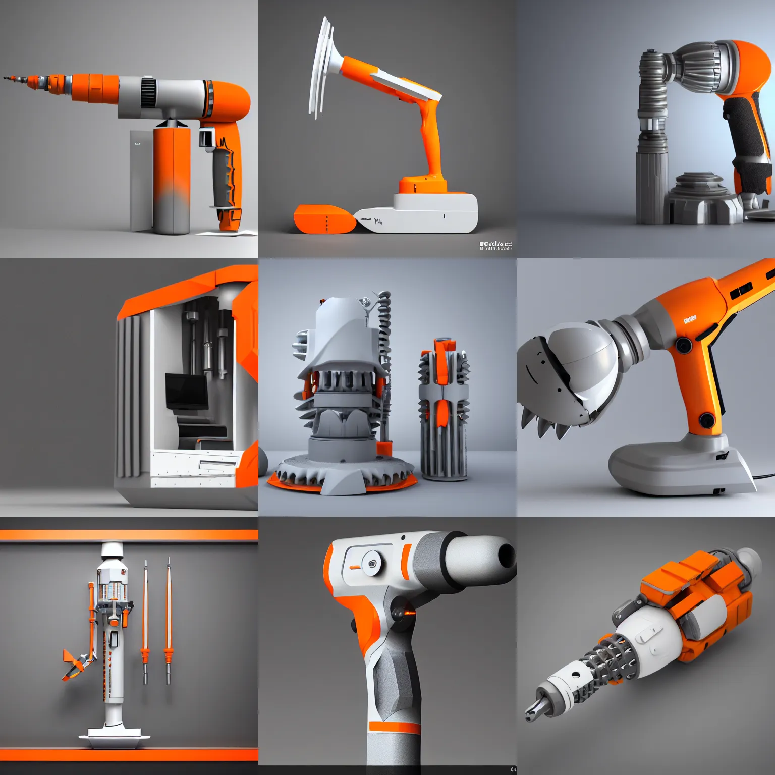 Prompt: cad render of futuristic drill, parametric solid works, studio photo, white and grey, orange details, octane render, 5 0 mm