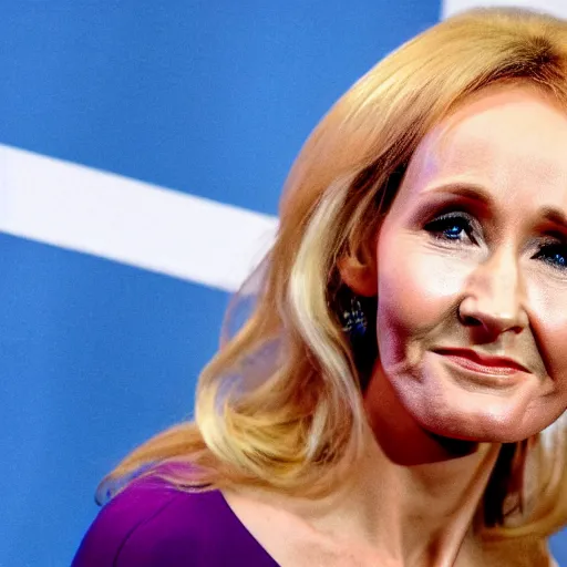 Prompt: JK Rowling starting terrified at a trans flag