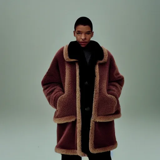 Image similar to realistic photoshooting for a new balenciaga lookbook, color film photography, portrait of a beautiful woman, model wearing a sherpa jacket, by photo in style of Tyler Mitchell, 35mm,