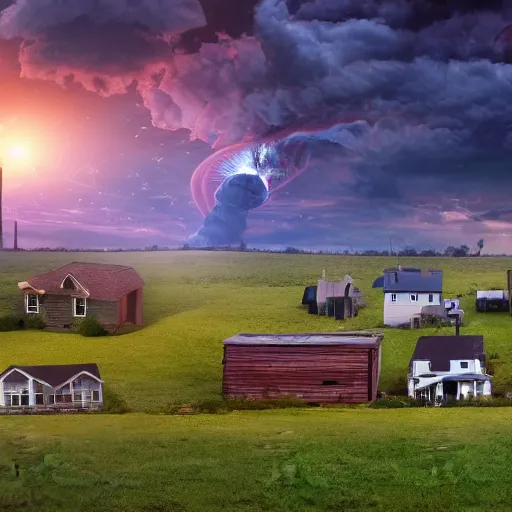 Prompt: photo realistic panoramic film still of homes in dorothy's neighborhood being taken away by a giant texas tornado, in the art style of dr. who, highly detailed, wizard of oz kansas farm environment, early morning, vivid color, 8 k