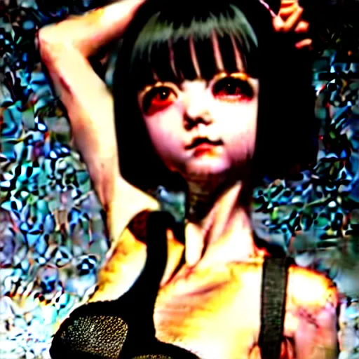 Prompt: girl with morbid thoughts wearing a black spring dress with short hair with bangs, she is thequeen of sharp needles, under the effect of psychosis and euphoria, by Range Murata, Katsuhiro Otomo, Yoshitaka Amano, and Artgerm. 3D shadowing effect, 8K resolution.