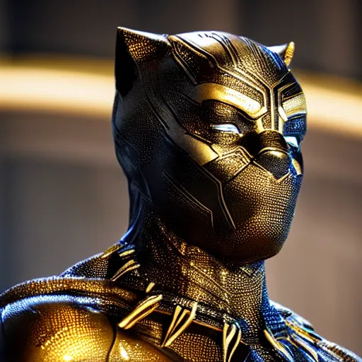 Image similar to a close up photo of a detailed golden statue of Black Panther, 8K,