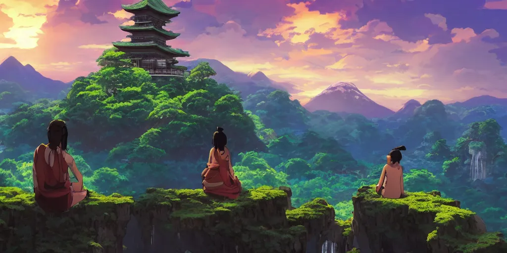 Prompt: avatar - style landscape with lush, floating islands, waterfalls, and a broken - down ancient japanese temple in the distance, sunset with dark sky, boy and girl sitting on a ledge romantically gazing at the landscape, makoto shinkai style, trending on artstation, 8 k, 4 k, high - res, volumetric lighting, bloom, digital art