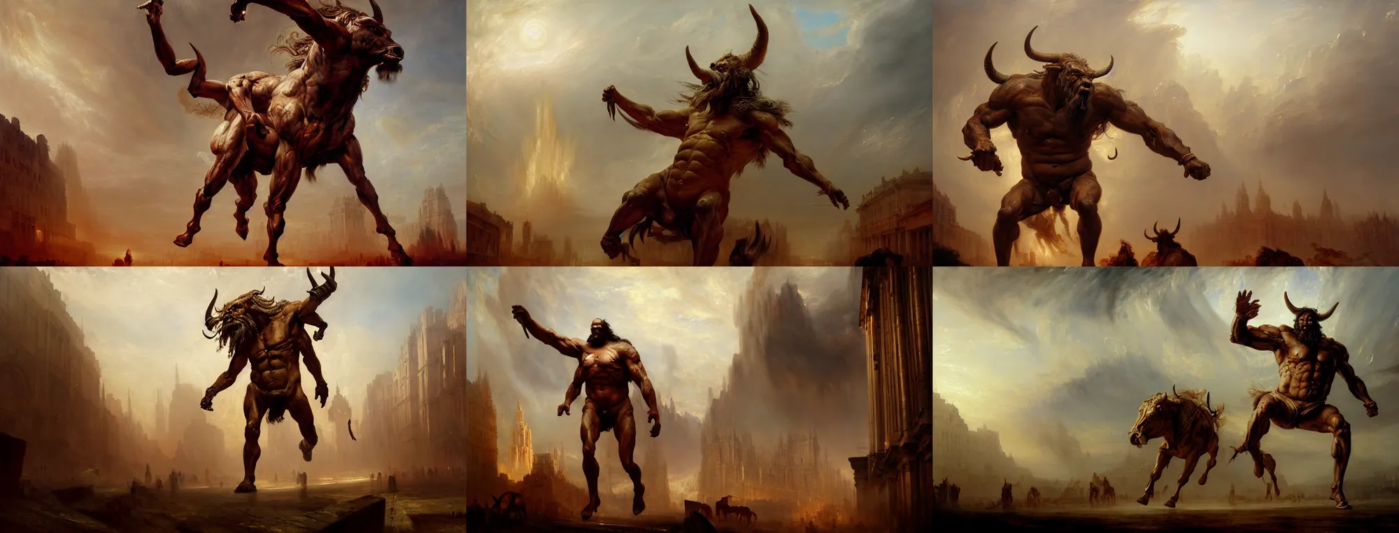 Prompt: highly detailed painting of a giant humanoid bullman centaur demon by william turner, by greg rutkowski, by william constable, thick brush strokes and visible paint layers, 4 k resolution, trampling an ancient city