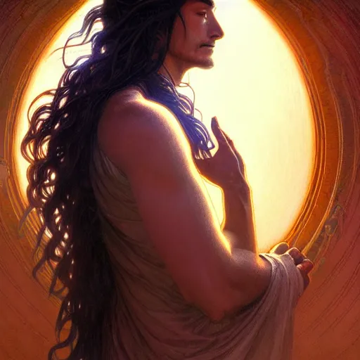 Image similar to adiyogi meditating, emiting mystical light, intricate, elegant, highly detailed, my rendition, digital painting, artstation, concept art, smooth, sharp focus, radiant light, illustration, art by artgerm and greg rutkowski and alphonse mucha