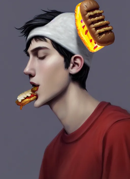 Image similar to portrait of teenage jughead jones wearing a light grey crown, crown, eating hamburger, eyes closed, crown, black hair, intricate, elegant, glowing lights, warm lighting, highly detailed, digital painting, artstation, concept art, smooth, sharp focus, illustration, art by wlop, mars ravelo and greg rutkowski