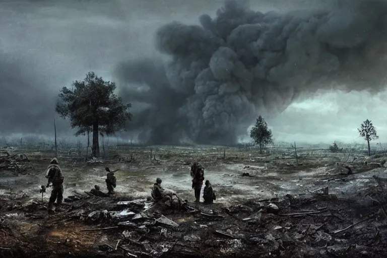 Image similar to desolate battleground, soldiers laying on the ground, thick dark smoke, vehicles on fire, heavy rain from thick clouds, mushroom cloud in the background, bleak, melancholy atmosphere, 4k artwork by Gregory Crewdson and Grzegorz Domaradzki and Ivan Shishkin and Jakub Rozalski