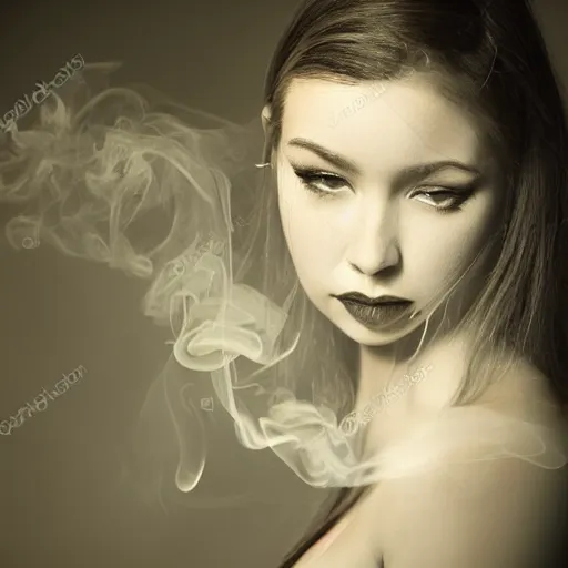 Prompt: A beautiful young woman, smoke, double exposure, medium shot, studio lighting,