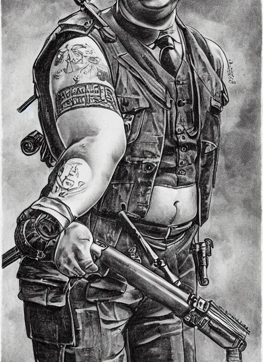 Image similar to gk chesterton as a buff mercenary with tattoos and a shotgun. portrait by james gurney.