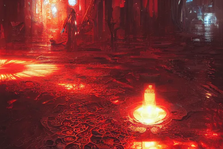 Prompt: arcs of flame, simulation of water splashes, shards of mercury, dramatic lighting, cyberpunk neon, secret cypher, red flowers, solar flares, intricate art by greg rutkowski