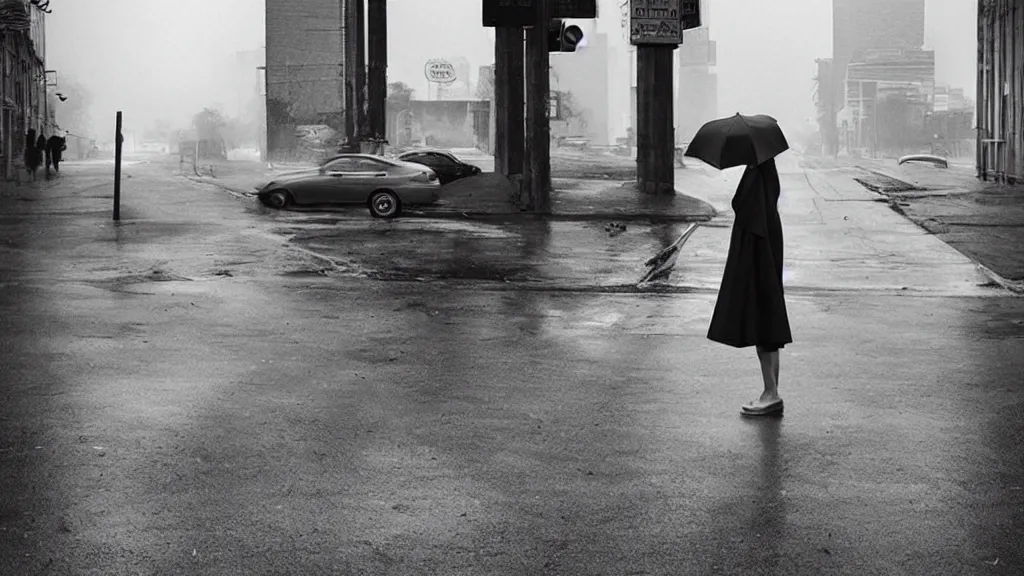 Image similar to “ a woman waiting on the corner holding an umbrella, photography by gregory crewdson ”