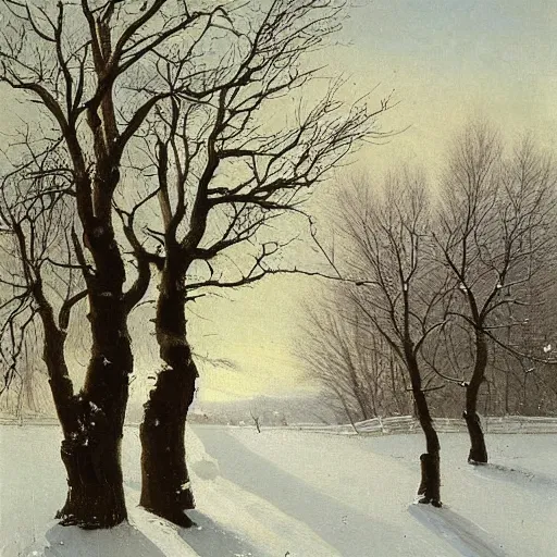 Image similar to early spring, thawed snow, trees, rooks sitting on trees, by alexey savrasov