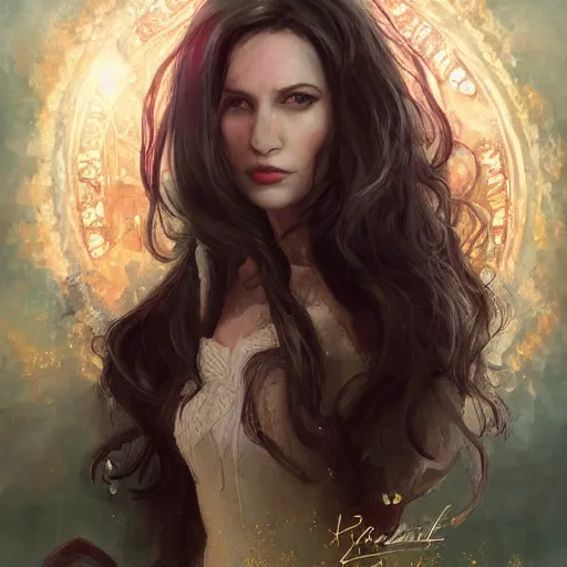 Image similar to majestic gracious regal aristocratic brunette female vampire portrait, atmospheric lighting, painted, menacingly bearing fangs, intricate, volumetric lighting, beautiful, rich deep colours masterpiece, golden hour, sharp focus, ultra detailed, by leesha hannigan, ross tran, thierry doizon, kai carpenter, ignacio fernandez rios