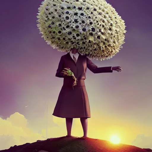 Image similar to giant daisy flower head, frontal, girl in a suit, surreal photography, sunrise, dramatic light, impressionist painting, digital painting, artstation, simon stalenhag