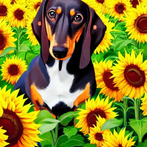 Prompt: portrait of a cute dachshund, in a field of sunflowers, rich vivid colors, ambient lighting, dynamic lighting, 4k, official media, anime key visual, makoto shinkai, ilya kuvshinov, lois van baarle, rossdraws, detailed, trending on artstation