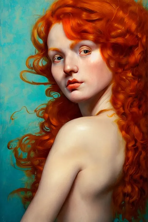 Image similar to hyper realistic painting portrait of a redhead girl with flowing curls and closed eyes, orange subject and turquoise background, hyper detailed face by stjepan sejic, by norman rockwell, by michael hussar, by roberto ferri, by ruan jia, textured turquoise background