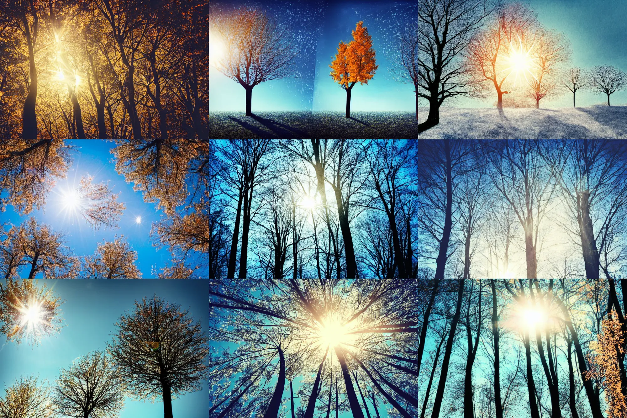 Prompt: four trees in all seasons, one tree in the spring one tree in the summer one tree in the autumn one tree in the winter, blue sky, lens flare, a sense of mystery, cinematic, ultra detailed, intricate, sharp focus, digital illustration