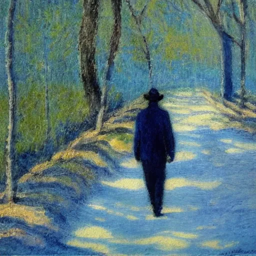 Image similar to of a man walking in solitude in a blue sad atmosphere, realist, impressionist style