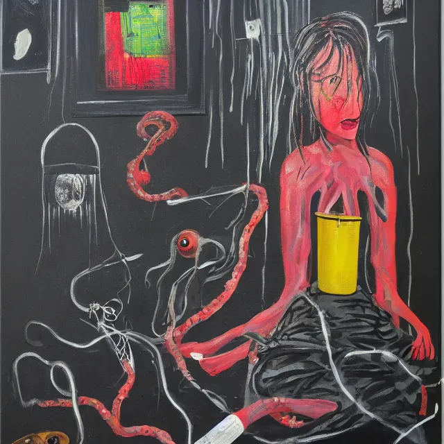 Image similar to a portrait in a dark apartment, rats, a widow holding an octopus, streetlamps, puddles, wild berries, ikebana, neo - expressionism, surrealism, acrylic and spray paint and oilstick on canvas