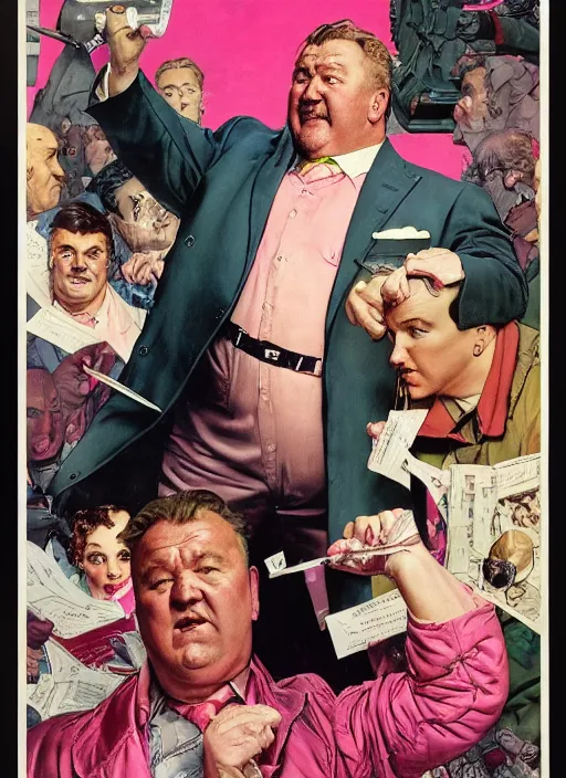 Image similar to ray winstone as a chubby supervillain wearing a pink trench coat, by norman rockwell and jason fabok and tom lovell and frank schoonover and dean cornwell