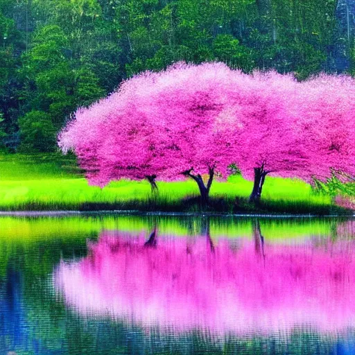 Image similar to Pink tree beside a large lake, landscape in the style of realism