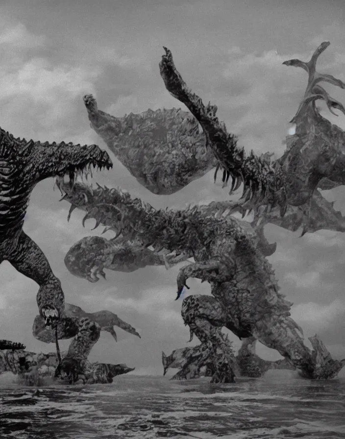 Image similar to a filmstill of a north korean monster movie, kaiju - eiga monster with starfish - arms trampling a traditional korean palace, foggy, film noir, epic battle, etheral, explosions, communist propaganda, communist epic thriller, by kim jong - il and akira kurosawa and tim burton, video compression