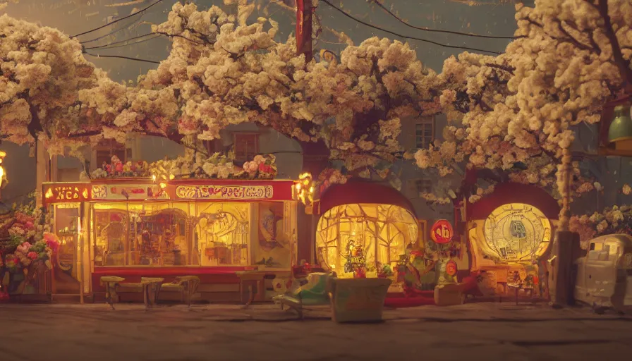 Prompt: a Wes Anderson 35mm film still of a very surreal cozy magic cafe with a miniature mountain city inside , golden hour, falling cherry blossom pedals, in the style of Gucci, glowing warm lights and floating lanterns, foggy atmosphere, rainy, moody, muted colors, magic details, very detailed, 8k, cinematic look, octane render, psychedelic,