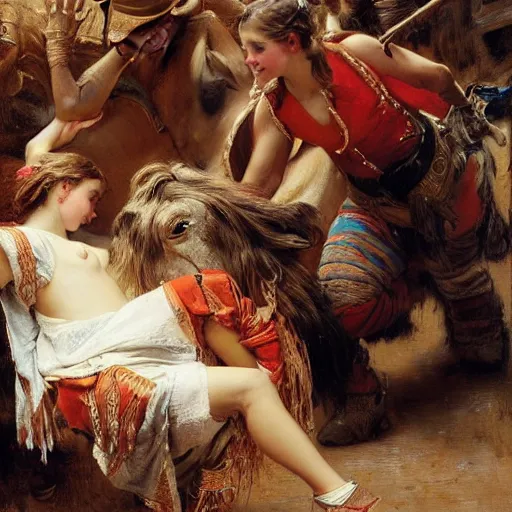 Image similar to a young girl giving the last blow to a dying bull, the girl is covered in the bull's blood, highly detailed painting by gaston bussiere and j. c. leyendecker 8 k