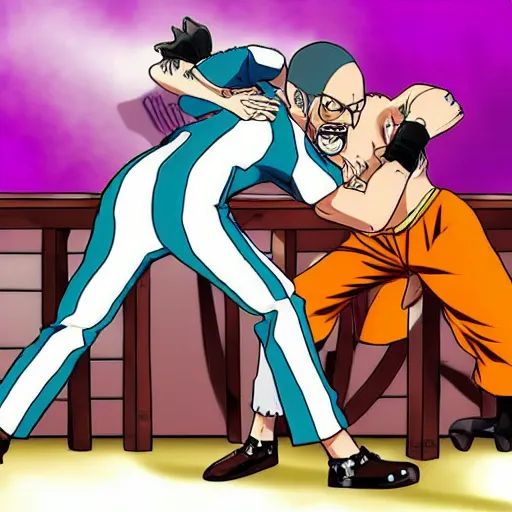 Image similar to Jessie pinkman wrestling walter white breaking bad in one piece anime style