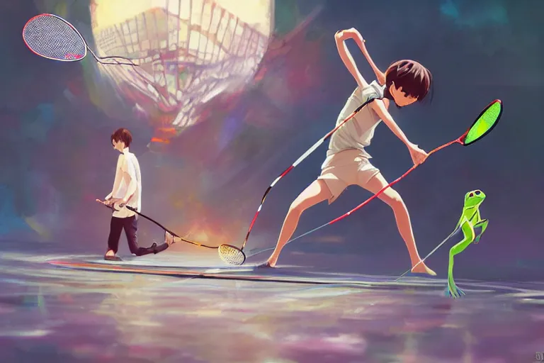 Image similar to frogs playing badminton, expert high detail concept art character design, perfect proportions defined faces, vivid colors, photorealistic shaded lighting poster ilya kuvshinov, katsuhiro, makoto shinkai, wlop, loish and clamp style, trending on art station, best selling artist