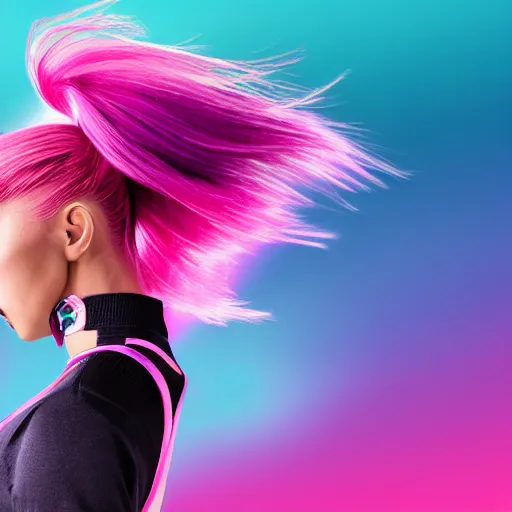 Image similar to a award winning action upper body portrait of a beautiful woman with a ombre purple pink hairstyle with head in motion and hair flying, choker, outrun, vaporware, vivid colors, highly detailed, fine detail, intricate