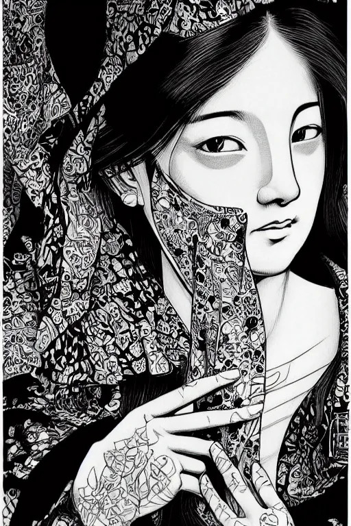 Image similar to beautiful portrait of a woman, negative no not mona lisa pose, highly detailed ink illustration of a dark alley of taipei, b & w clean shaped illustration by kim jung gi, ric estrada, ron english and eiichiro oda