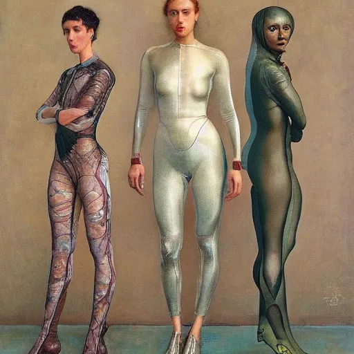 Prompt: full body portrait of a beautiful woman wearing a transparent plastic skin tight jumpsuit, Edgar Maxence and Ross Tran and Michael Whelan and Gustav Klimpt