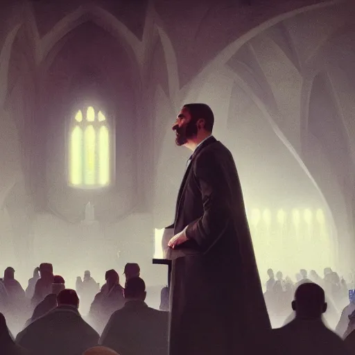 Image similar to pastor Dante Gebel giving a sermon message before a large crowd, artstation, Greg rutkowski, cinematic, digital Art