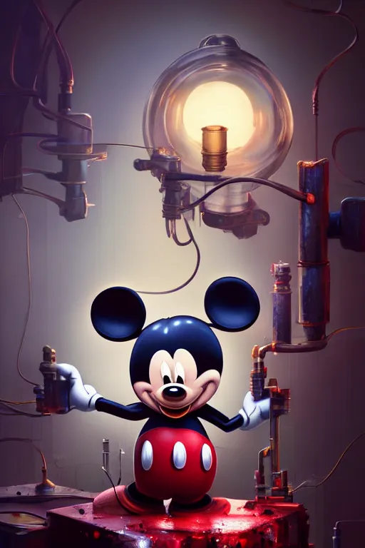 Image similar to many mechanics scientists working and repairing mickey mouse bloody head, made by beeple, greg rutkowski, unreal engine, octane render, highly detailed 4 k art, smooth, sharp focus, cinematic lighting, volumetric lighting, artstation,