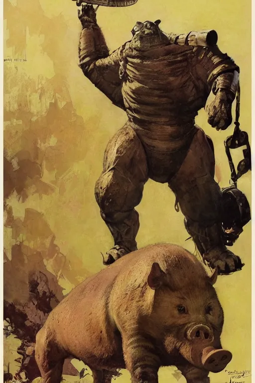 Image similar to full body portrait of huge bipedal pig, by norman rockwell, jack kirby, jon berkey, earle bergey, craig mullins, ruan jia, jeremy mann, tom lovell, marvel, astounding stories, 5 0 s pulp illustration, scifi, fantasy