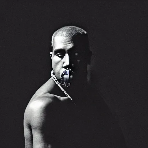 Image similar to a chiaroscuro lighting portrait of kanye west dressed as rick owens, black background, portrait by julia margaret cameron, shallow depth of field, 8 0 mm, f 1. 8