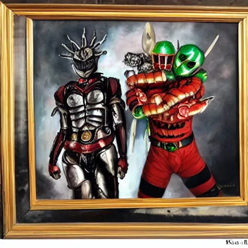 Image similar to a realistic painting by Raffaello Sanzi depicting the Kamen Rider Kuuga with the head of the symbiotic Freddy Krueger in the Renaissance.