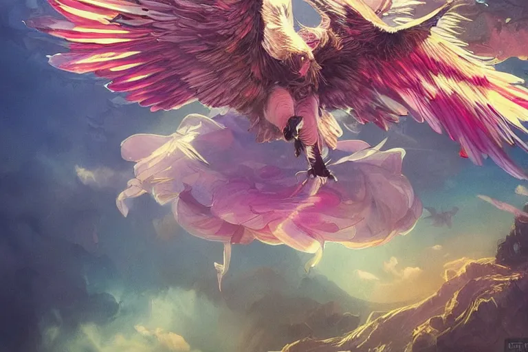 Prompt: a pig with rainbow feathered wings, flying above a tropical forest, HD, illustration, epic, D&D, fantasy, intricate, elegant, highly detailed, digital painting, artstation, concept art, smooth, sharp focus, illustration, wallpaper, art by artgerm and greg rutkowski and alphonse mucha and jin xiaodi and anthony devine