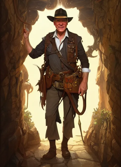 Image similar to steve martin as indiana jones, d & d, fantasy, intricate, elegant, highly detailed, digital painting, artstation, concept art, matte, sharp focus, illustration, hearthstone, art by artgerm and greg rutkowski and alphonse mucha