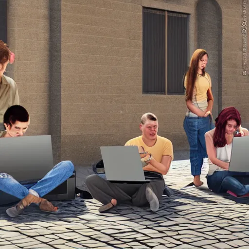 Image similar to a group of realistic bums using laptops near on street, highly detailed, intricate, sharp focus, digital art, 8 k