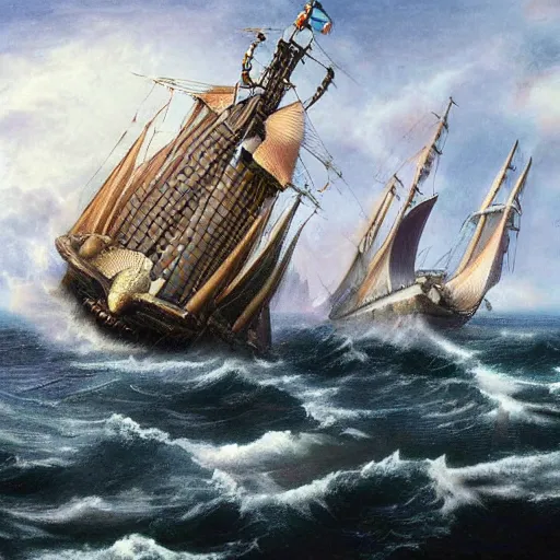 Image similar to grand maori 1 4 th century battleship fantasy high seas rain wind moody