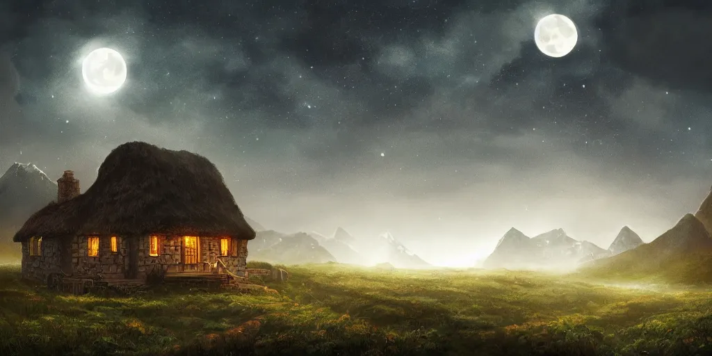 Image similar to Void covered fields with large mountains in the distance, small cottage in the foreground, nighttime, moon in the night sky, landscape wallpaper, d&d art, fantasy, painted, 4k, high detail, sharp focus