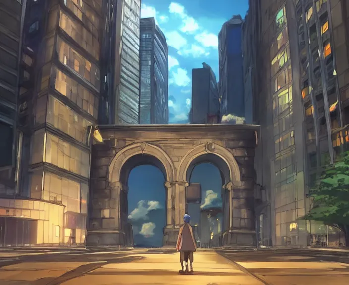 Image similar to A portal gateway in New York city, peaceful and serene, incredible perspective, soft lighting, anime scenery by Makoto Shinkai and studio ghibli, very detailed