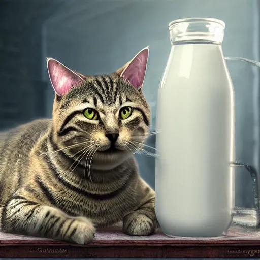 Prompt: realistic lovely tabby cat drinks milk!!!, in game pathologic 2, digital art, unreal engine, cinematic composition, sharp, details, hyper - detailed, hd