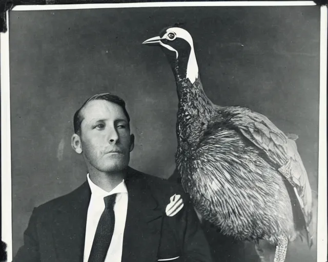 Image similar to early 1 9 0 0 s photo of a man in a suit next to a colossal black taxidermied bird, black and white, newspaper clipping