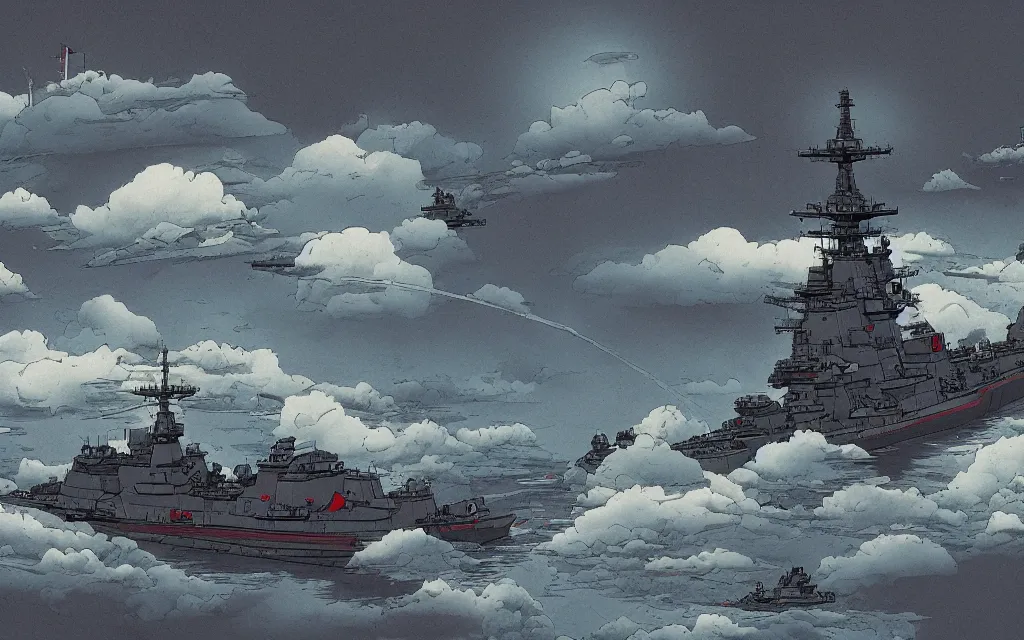 Image similar to japanese battleship yamato flying between the clouds, in the style of james jean and laurie greasley, dynamic composition, dramatic lighting, ultra detailed