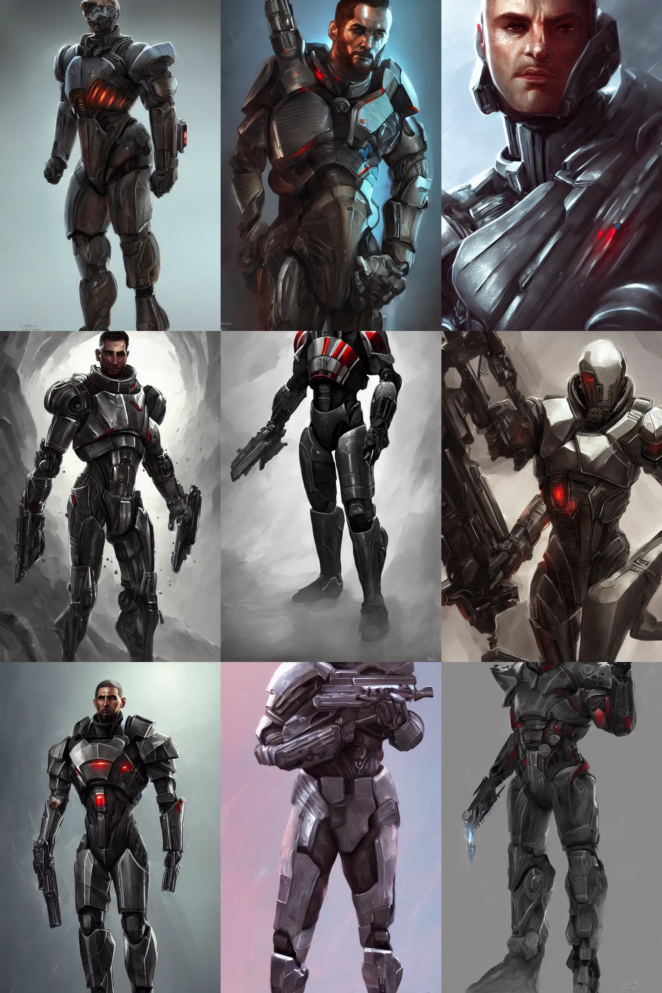 Prompt: medium shot Ultrarealistic illustration an intimidating soldier, male, very short hair, cyborg, mass effect, sci-fi fantasy, highly detailed, digital painting, artstation, concept art
