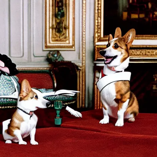 Prompt: tabloid photo of queen elizabeth having gin martinis with her corgis who are also having gin martinis, the corgis are wearing sweaters, royal palace interior, natural sunlight, soft focus, highly detailed, depth of field