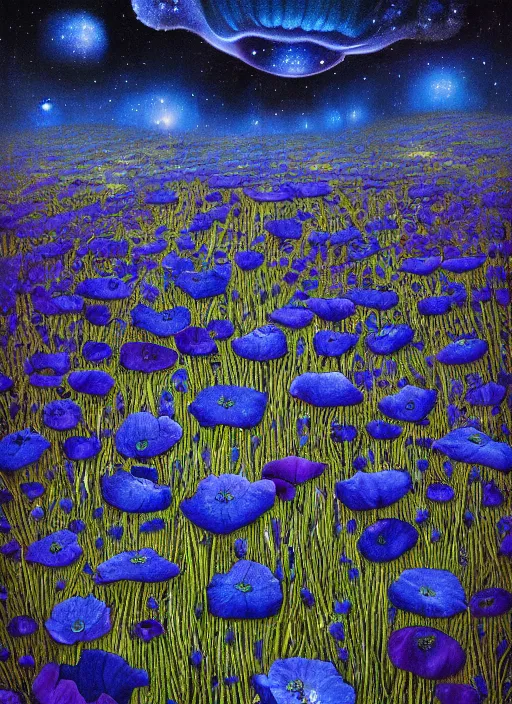 Image similar to detailed, intricate blue black and purple papaverum flower on the field, nebula, galaxy in the sky, winning award masterpiece, fantastically beautiful, illustration, aestheticly inspired, jacek yerka, upscale with anguissola sofonisba work, artstation, 8 k